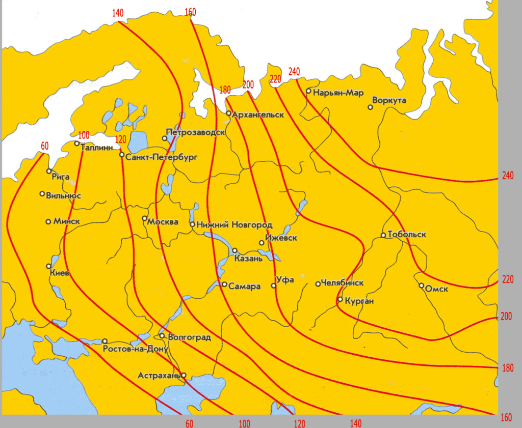 Карта средней глубины промерзания грунтов