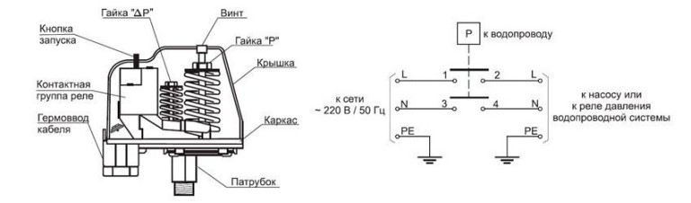 Схема подключения скважинного насоса с реле давления и реле сухого хода схема